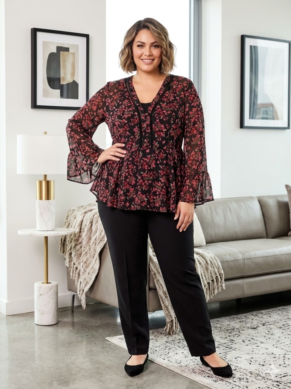 City Chic Black Sheer Blouse with Red Floral Print